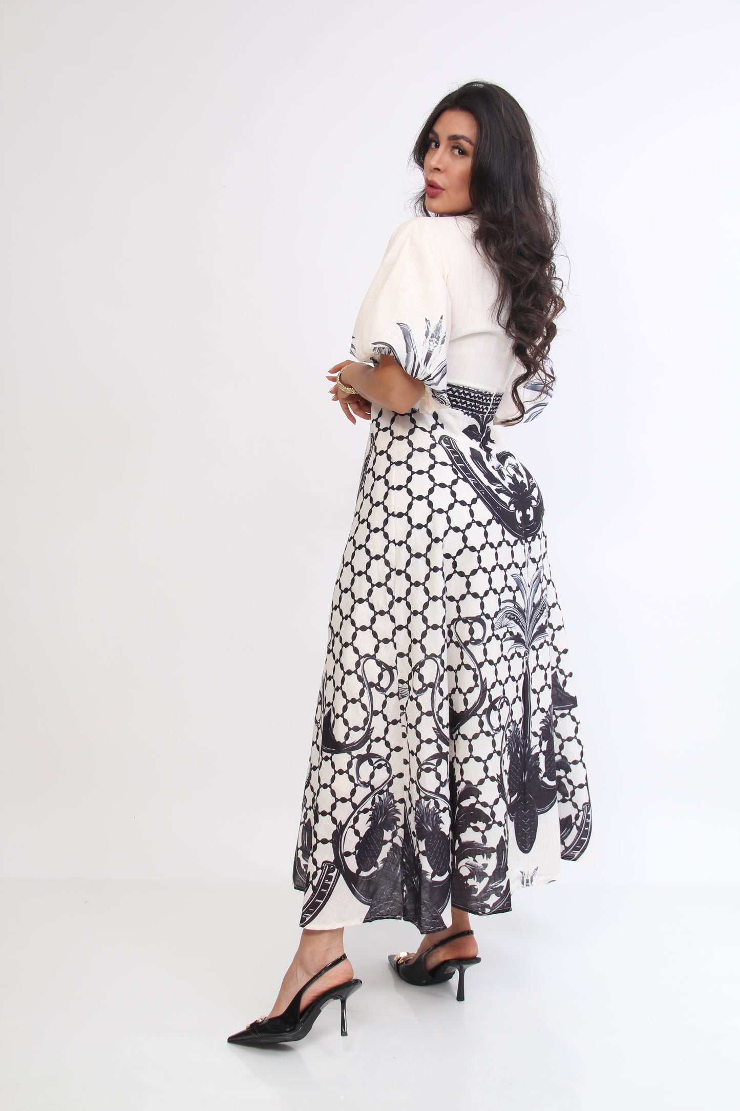 VESTIDO 3/4 AMPON  ESTAMPADO MANGA SEMI CORTA