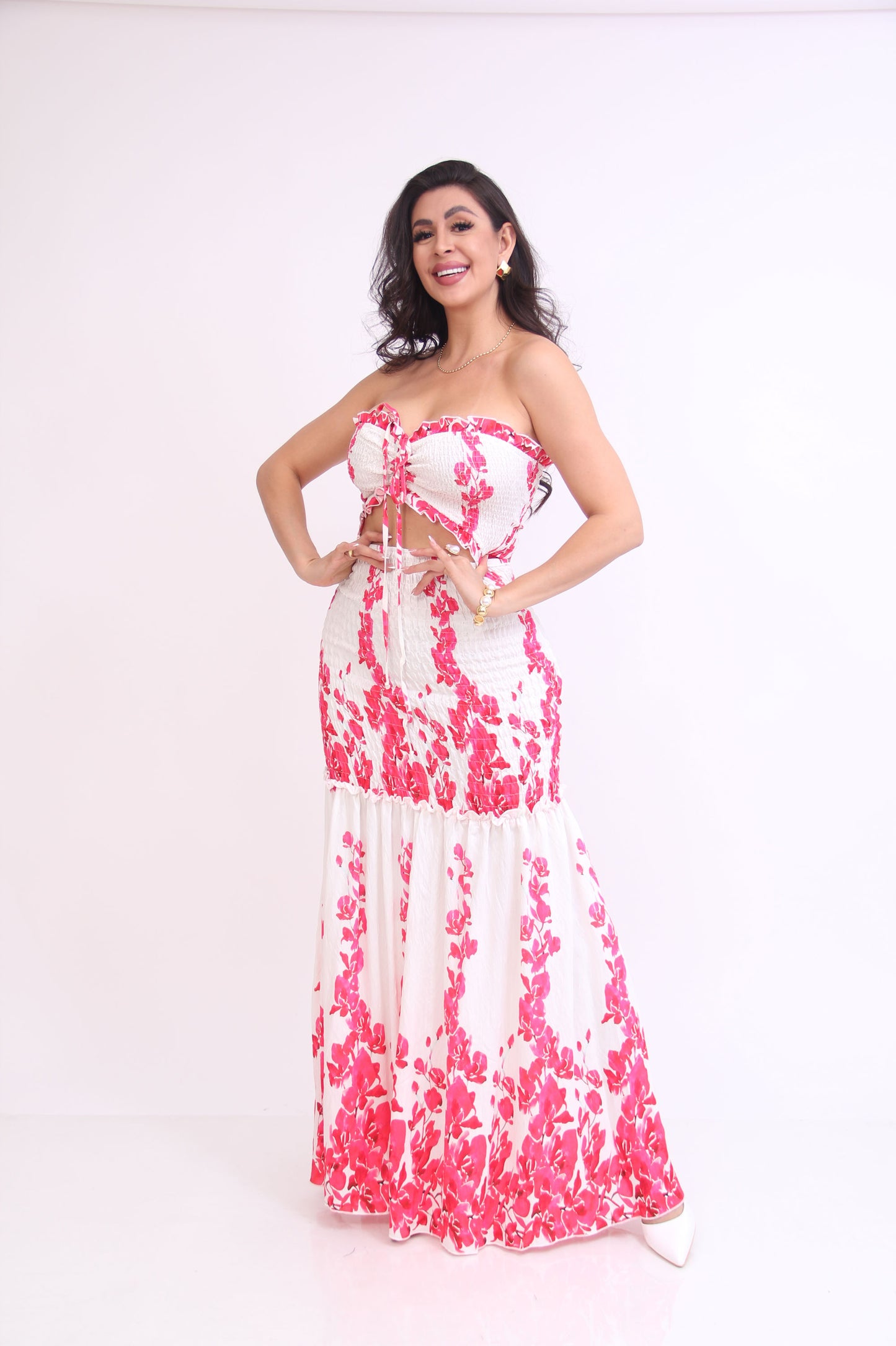 MAXI VESTIDO STRAPPLE RESORTEAO ESTAMPADO HOJAS