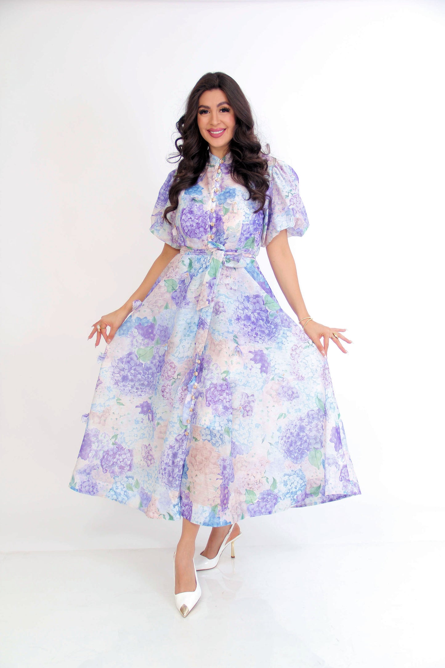 VESTIDO ESTAMPADO FLORES HORTENSIAS LILAS