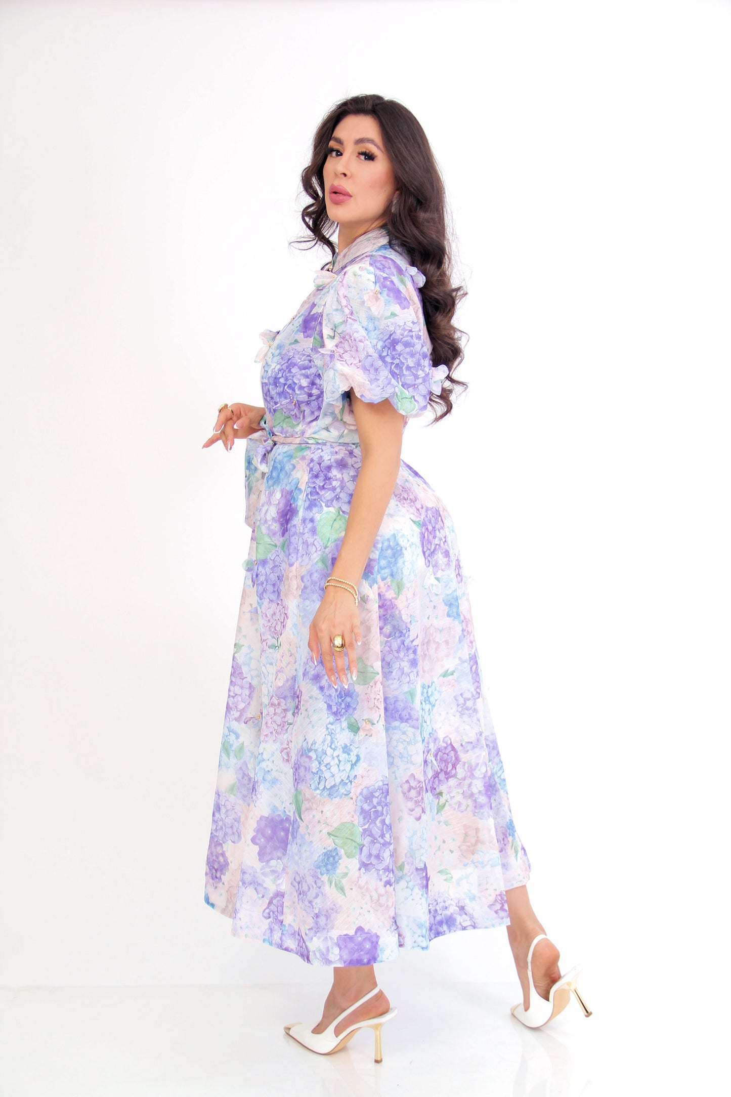 VESTIDO ESTAMPADO FLORES HORTENSIAS LILAS