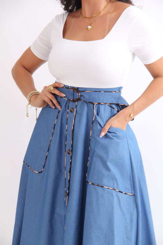 VESTIDO 3/4 MEZCLILLA BOLSAS BORDES CAFES CON MANGA