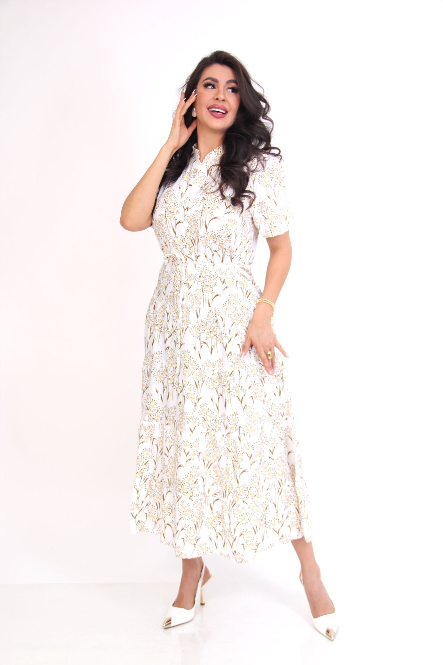 VESTIDO MIDI ESTAMPADO FLORAL AMARILLO BOTONERO