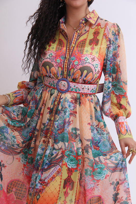 vestido 3/4  estampado manga larga cinturón