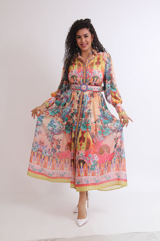 vestido 3/4  estampado manga larga cinturón