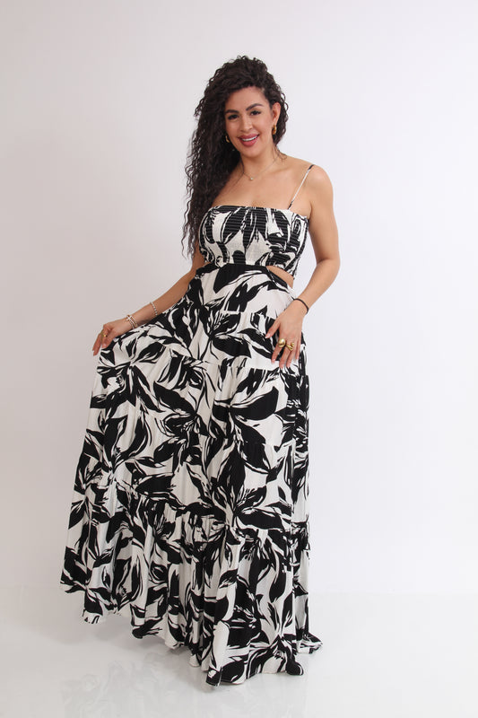 MAXI VESTIDO TIRANTES ESTAMPADO FLORES Y ESCOTE ESPALDA