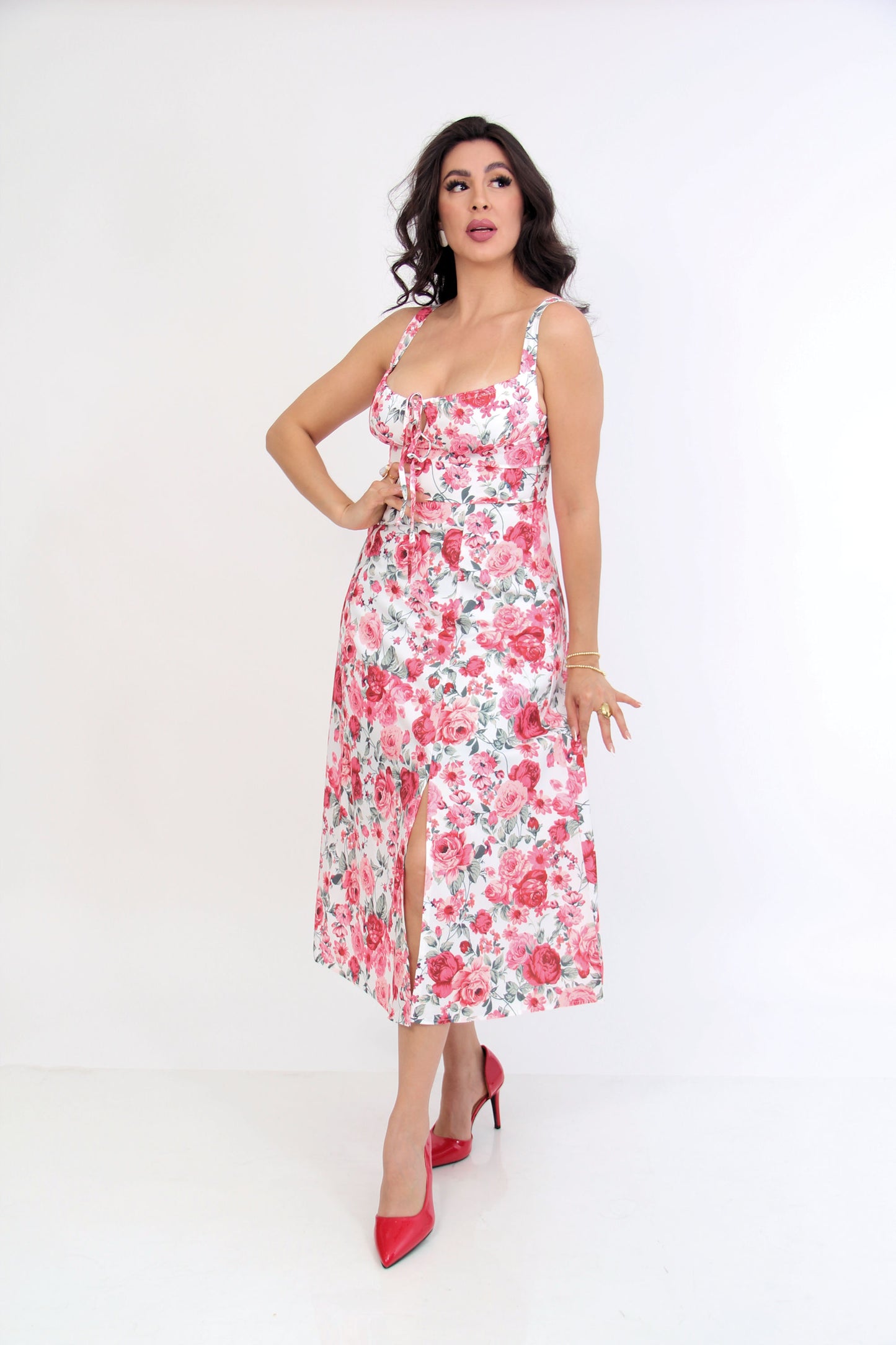 VESTIDO MIDI ESTAMPADO ROSA FLORAL CINTAS ESPALDA