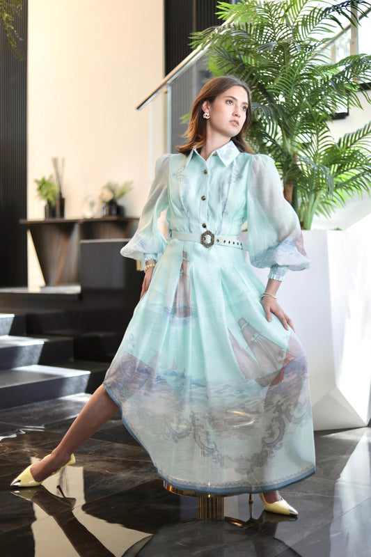 VESTIDO MANGA LARGA FALDA CIRCULAR CON CINTURON