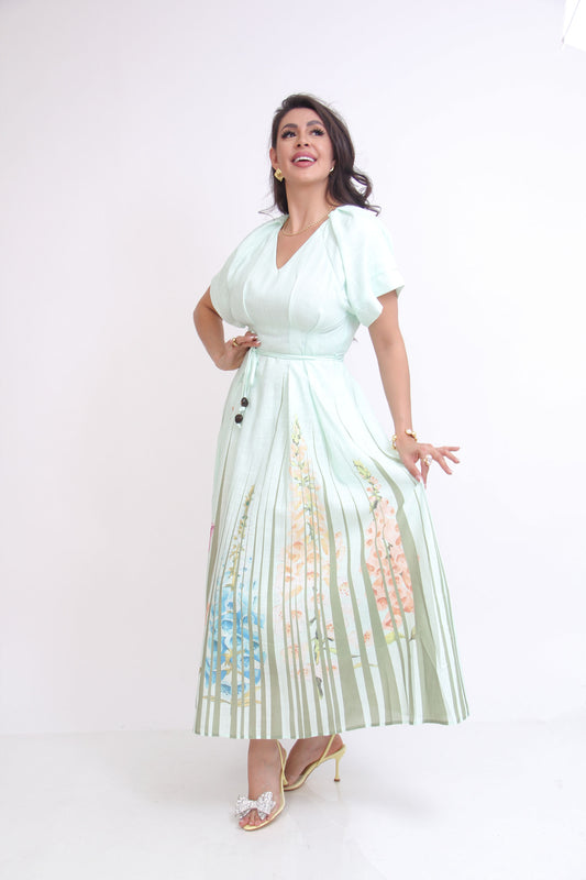 VESTIDO MANGA ALZADA FALDA LARGA TABLEADA