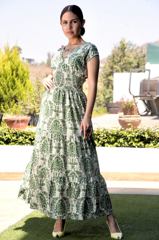 MAXI VESTIDO HOLGADO RESORTE EN CINTURA CUELLO V