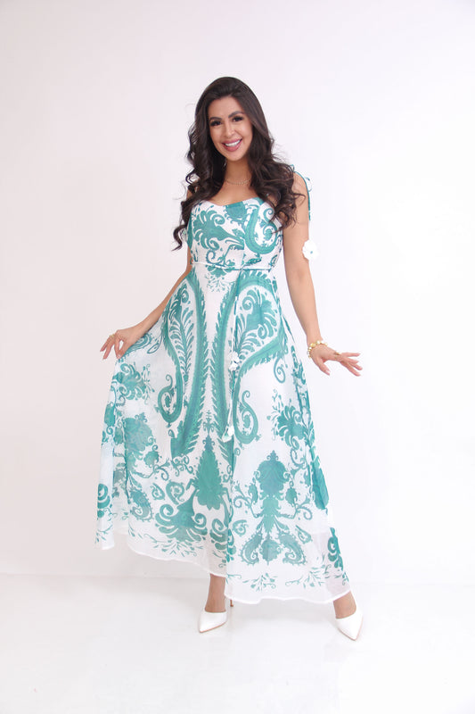 VESTIDO LARGO TIRANTES CON APLICACIONES DE FLORES
