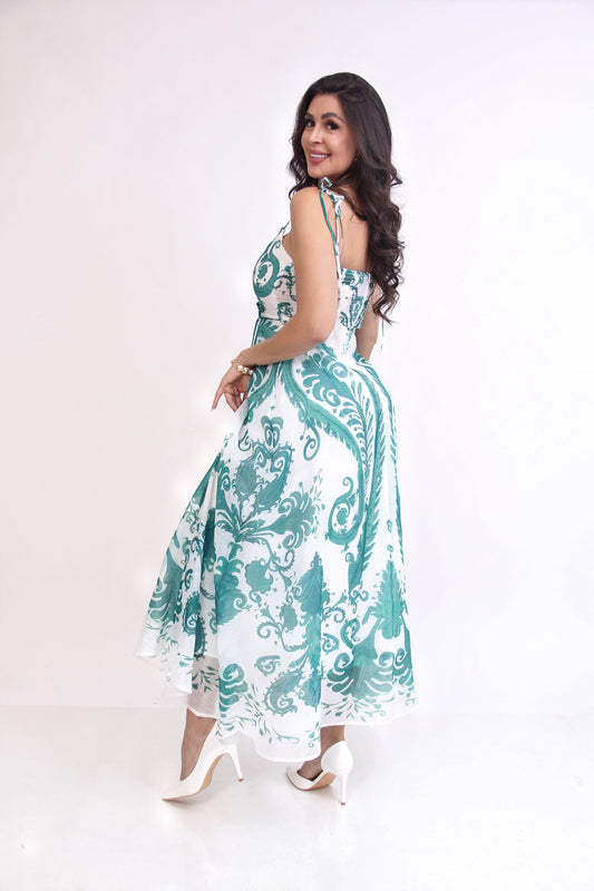 VESTIDO LARGO TIRANTES CON APLICACIONES DE FLORES